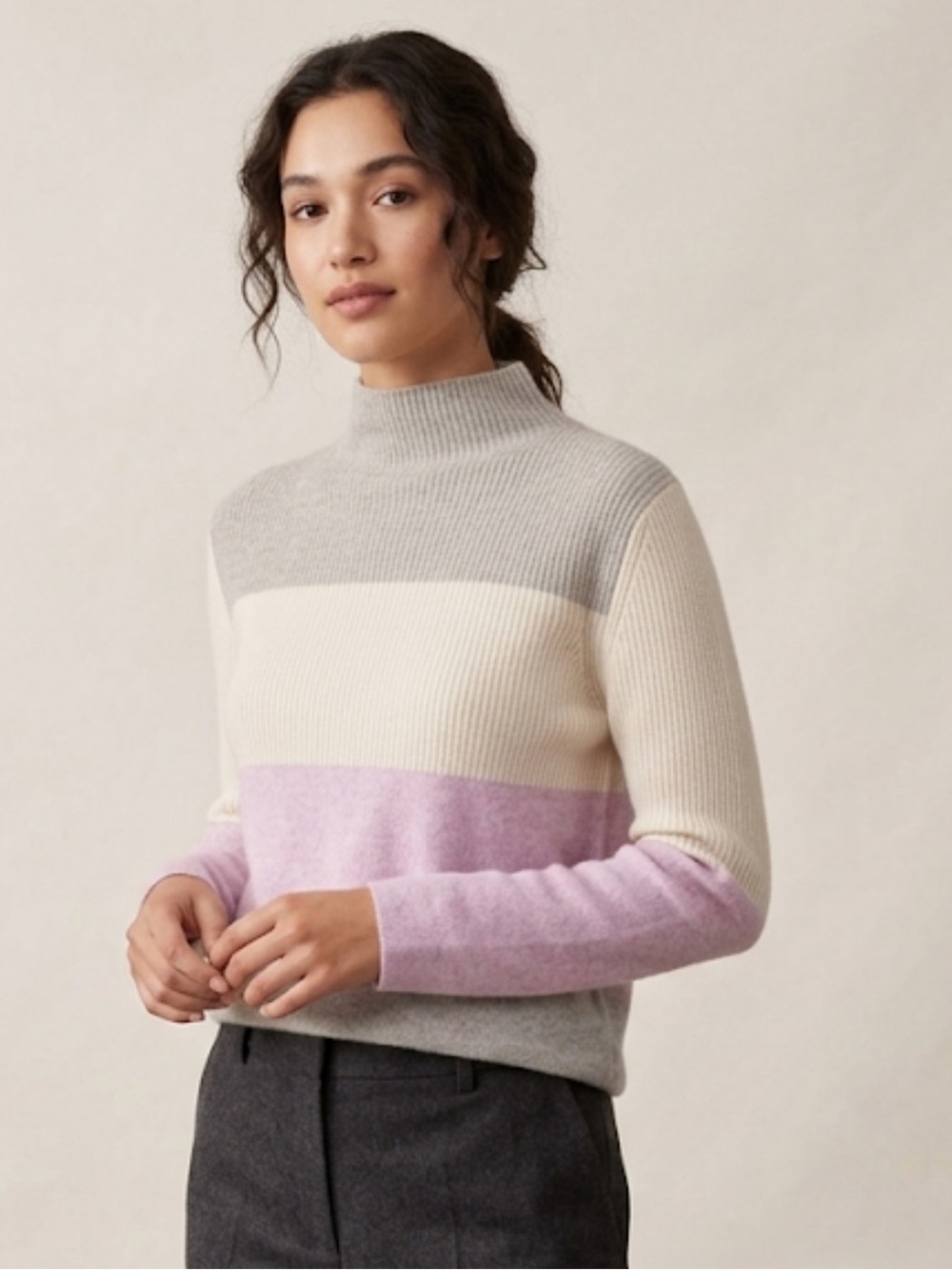 Forte Cashmere Pastel Striped Ribbed Mock Neck Cashmere Sweater Size Large